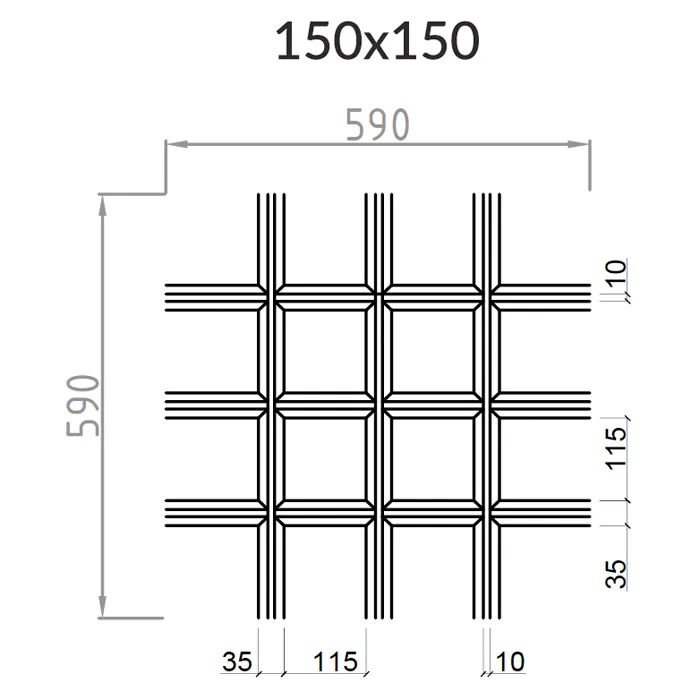 Подвесной металлический потолок Грильято Пирамидальный ячейка 150х150мм, высота 35 мм