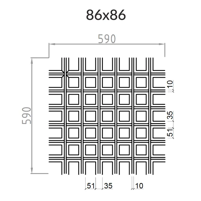 Подвесной металлический потолок Грильято Пирамидальный ячейка 86х86мм, высота 35 мм