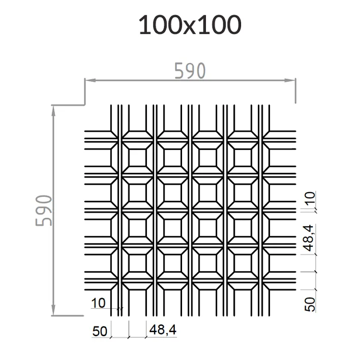 Подвесной металлический потолок Грильято Пирамидальный ячейка 100х100мм, высота 42.5 мм
