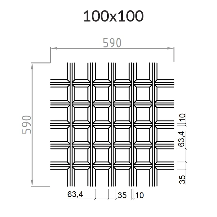 Подвесной металлический потолок Грильято Пирамидальный ячейка 100х100мм, высота 35 мм